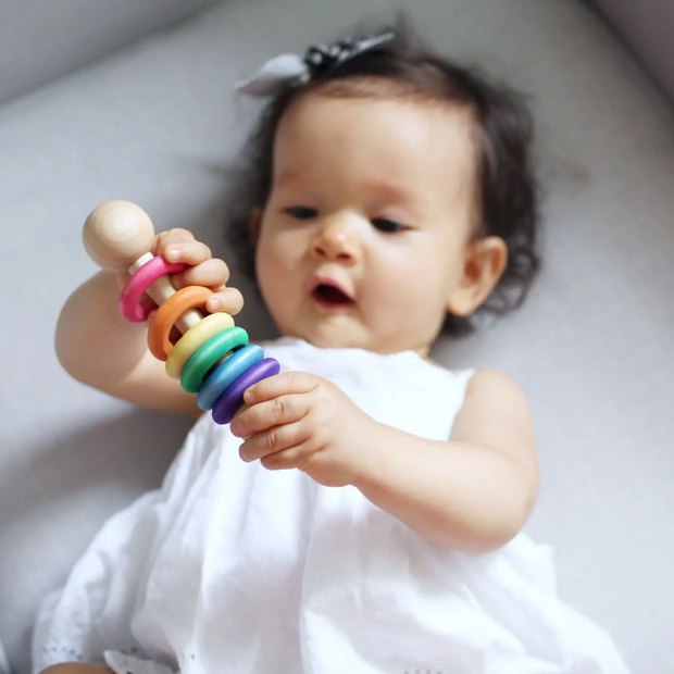 Rainbow · Handmade Classic Wooden Baby Rattle · Classic all-wood Rattle with Five Rings