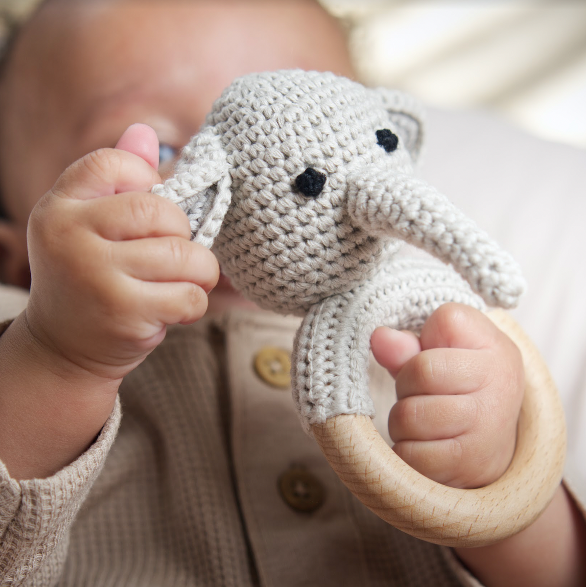 Handmade Organic Cotton Rattle Ring Teether · Elephant Design · Grey body  with Black Features