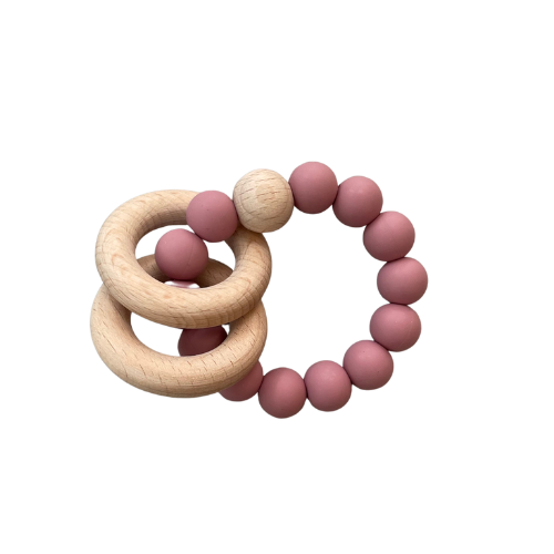 spanish rose · wood + silicone teether