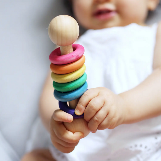 Rainbow · Handmade Classic Wooden Baby Rattle · Classic all-wood Rattle with Five Rings