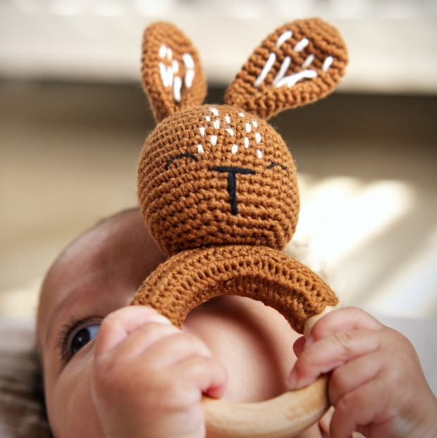 Handmade Organic Cotton Rattle Ring Teether · Bunny Design · Brown/Rust Body Color