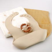 terracotta · wood + silicone teether